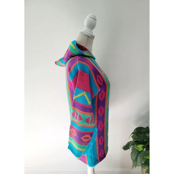 JJ Poole Vintage 80s 90s Aztec Southwestern Hooded Frayed Pullover Sweater XS S - Picture 5 of 12